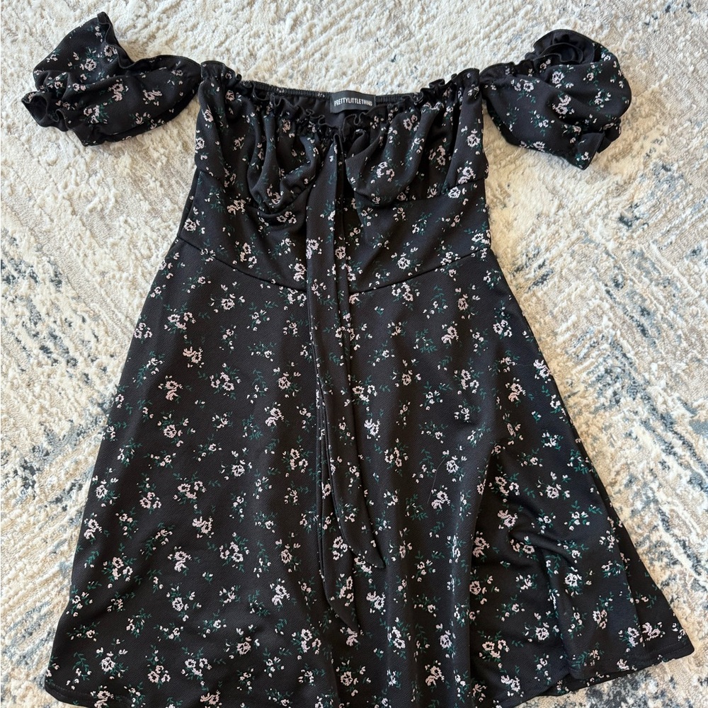 PrettyLittleThing Black Off-Shoulder Puff Sleeve Mini Dress